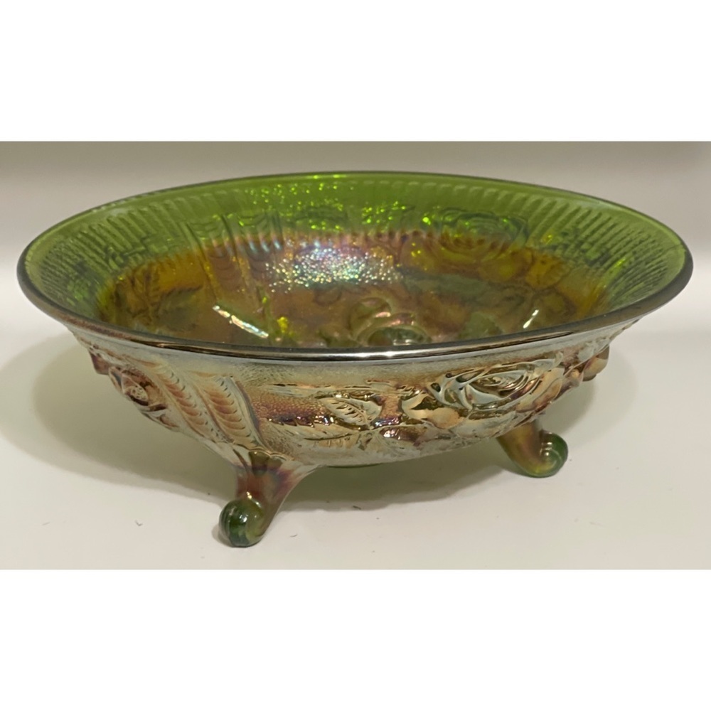 Open Rose Green Carnival Glass 3-Footed Bowl by Imperial Glass-Ohio